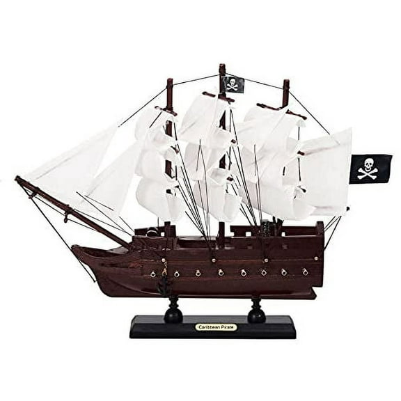 HANDCRAFTED NAUTICAL D√âCOR Wooden Caribbean Pirate White Sails Model Pirate Ship 12"