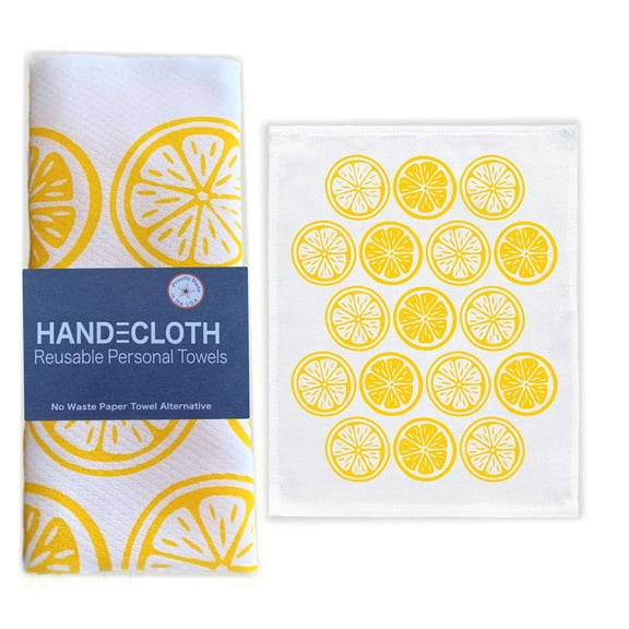 HANDECLOTH Hand Printed Reusable Paper Towels/Lint-free/Cotton/American Made/Absorbent/Durable/Quality Edges/No Pilling/Machine Washable/Guest Towel (Lemons, 12 Pack)