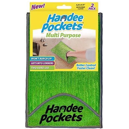 HANDEE POCKETS Multipurpose Microfiber Cleaning Cloths with Built-In Pockets, 6.25 in. W x 9.75 in. L, 2 Pack - Ultra Absorbent, Reusable, Streak-Free for Home and Auto