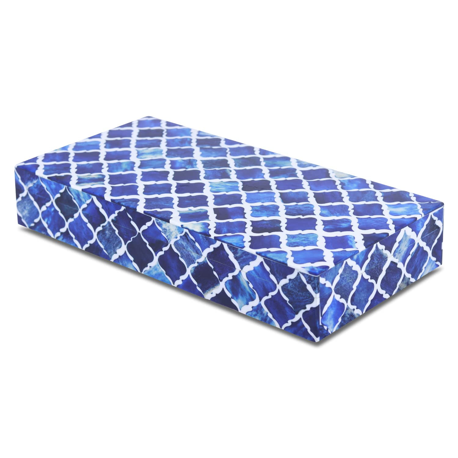 Moroccan Blue Bone Inlay and Pine MDF Decorative Lidded Box, 12x6x2 Inch