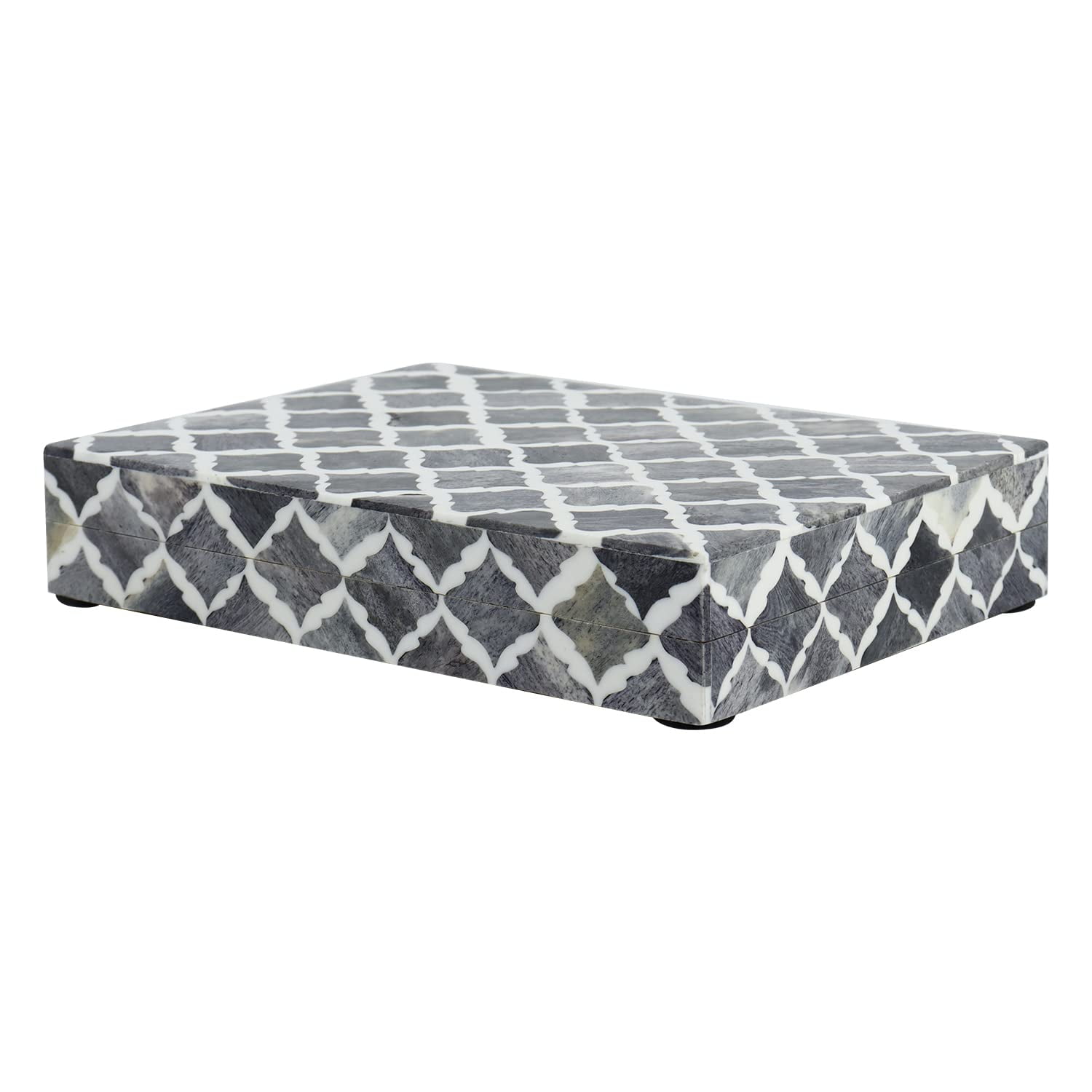 Moroccan Grey and White Bone Inlay Decorative Lidded Box, 6x8x1.5