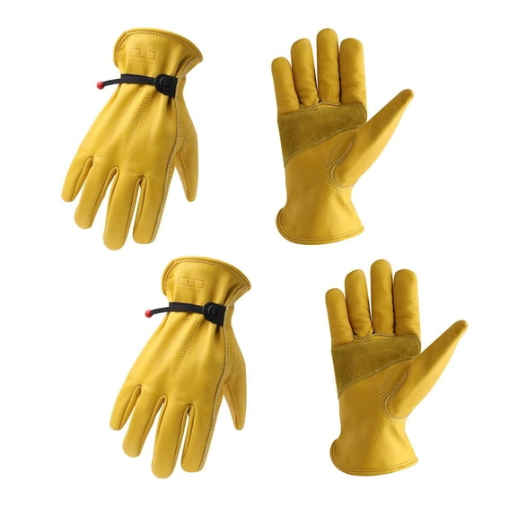 HANDLANDY 2 Pairs Cowhide Leather Work Gloves for Men Women,Adjustable Wrist, Puncture and Cut Resistant, Rigger Glove for Driver, Yardwork, Gardening (Large, Yellow)