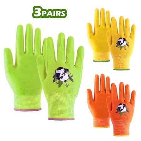 HANDLANDY 3 Pairs Candy Colors Nitrile Coated Kid Garden Gloves, Latex Free Kid Gloves, Size 5 for age 9-10