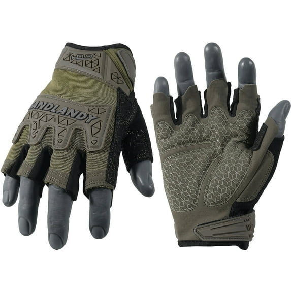 HANDLANDY Fingerless Impact Gloves for Men, Padded Grip Half Finger Work Gloves, Utility Trucker Driver Gloves