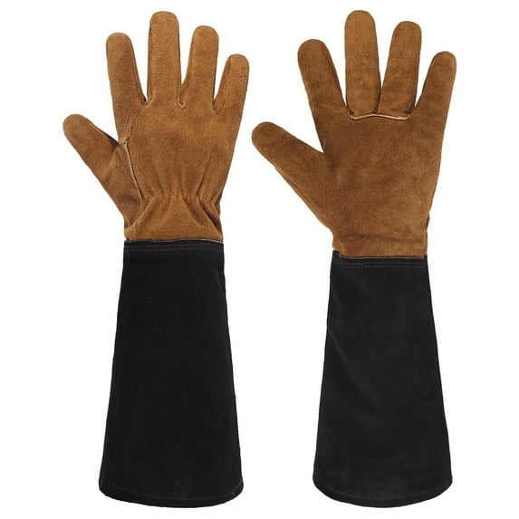 HANDLANDY Ladies Leather Gardening Gloves, Thorn Proof Women Long Rose Gloves(Black-brown,Large )