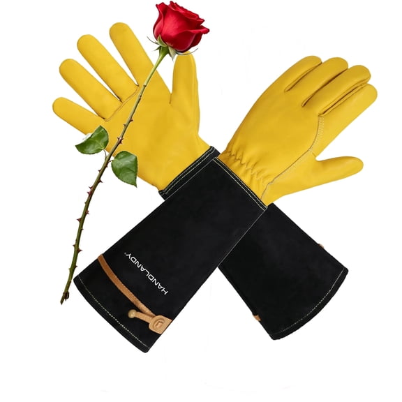 HANDLANDY Long Gardening Gloves for Men & Women, Cowhide Leather Thorn Proof Gauntlet Gloves for Rose Pruning, Breathable