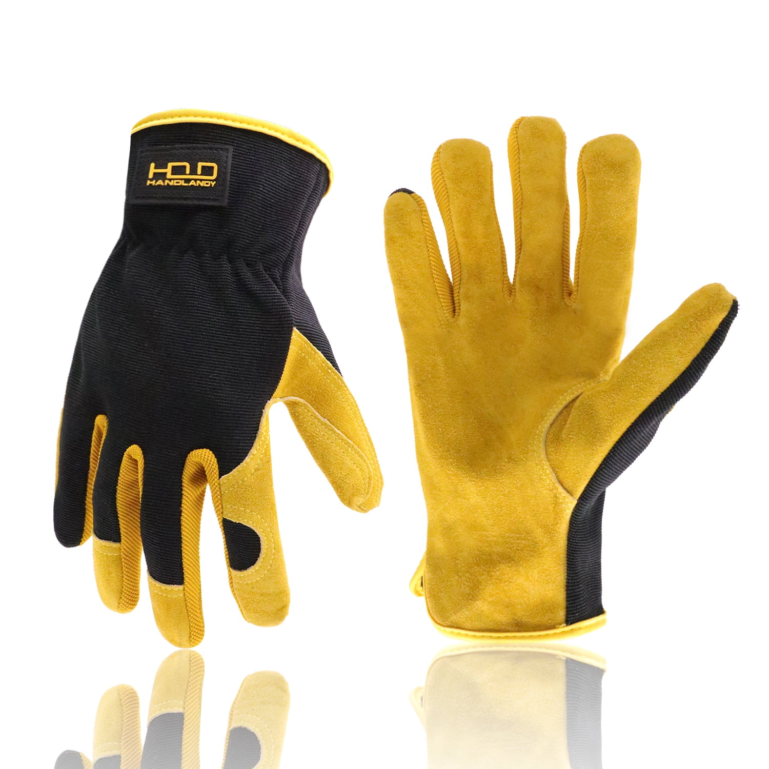 HANDLANDY Men Leather Gardening Gloves, Utility Work Gloves for Mechanics, Construction, Driver