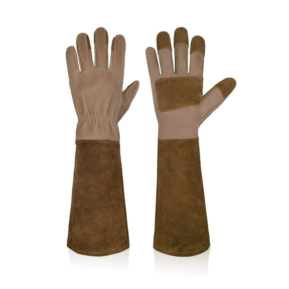 HANDLANDY Pruning Gloves Long for Men & Women, Pigskin Leather Rose Gardening Gloves, Medium, Brown