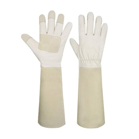 HANDLANDY Rose Pruning Gloves Long for Men & Women, Long Thorn Proof Gardening Gloves, Breather Pigskin Leather Gauntlet, Small, Beige