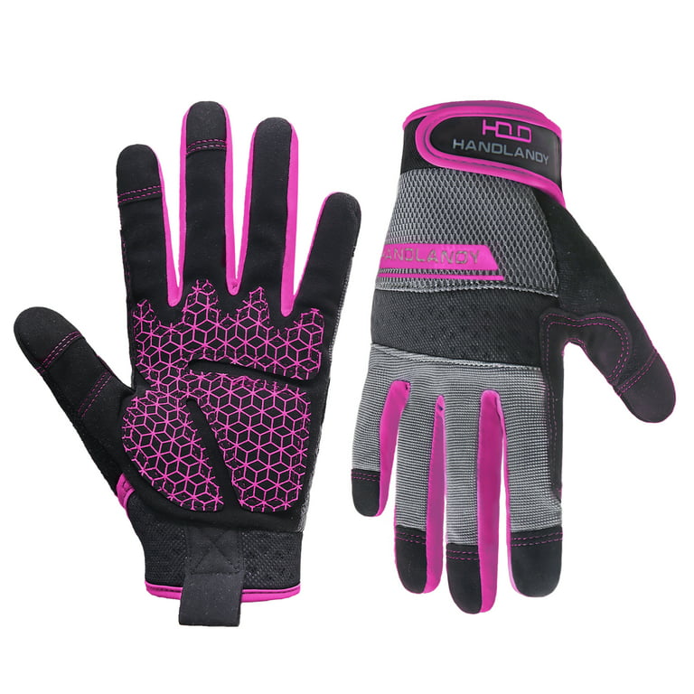 HANDLANDY Utility Work Gloves with Silicone Grip for Women, Thin Mechanic Working  Gloves Touch Screen, Pink, Large 