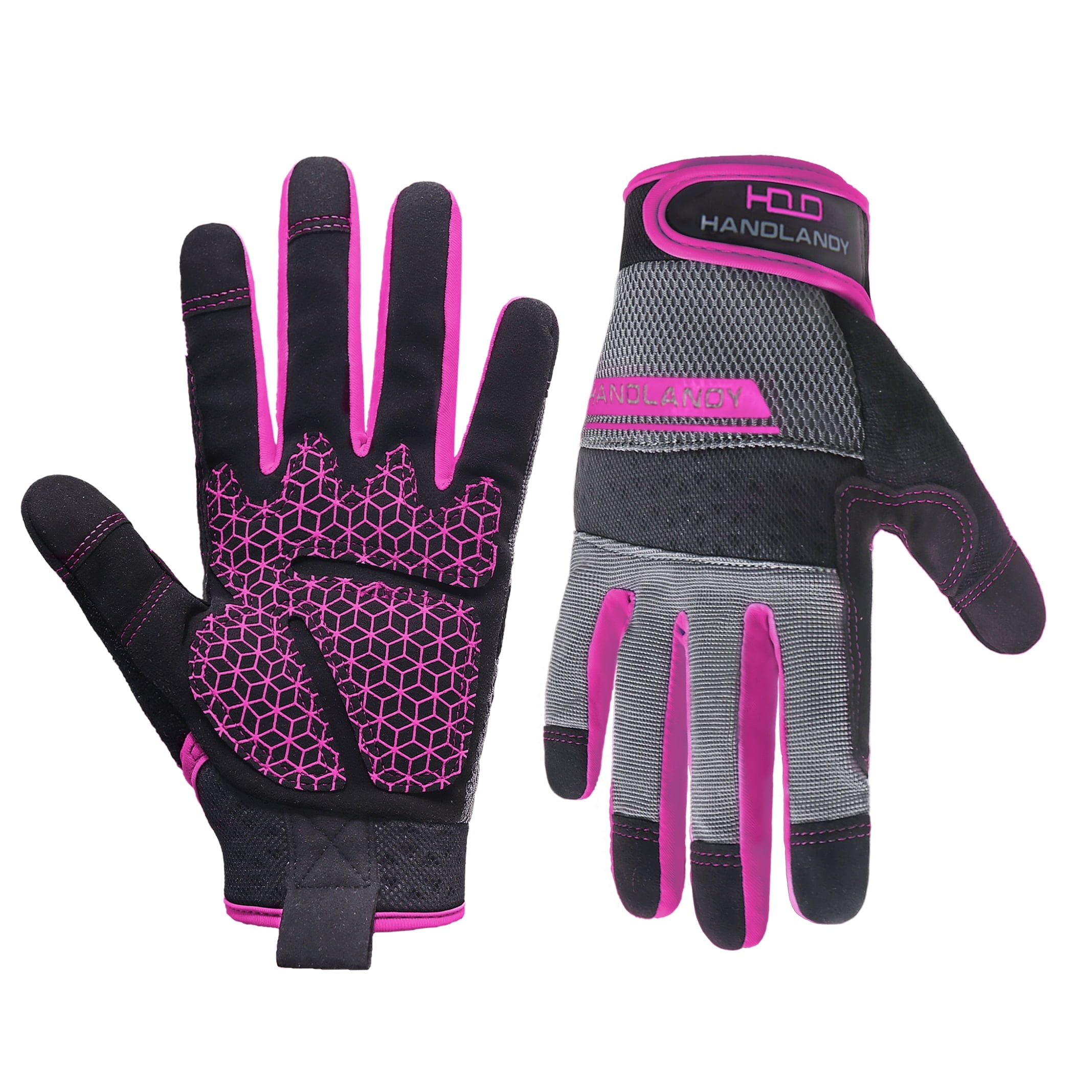 HANDLANDY Utility Work Gloves with Silicone Grip for Women, Thin Mechanic Working Gloves Touch Screen, Pink, XS