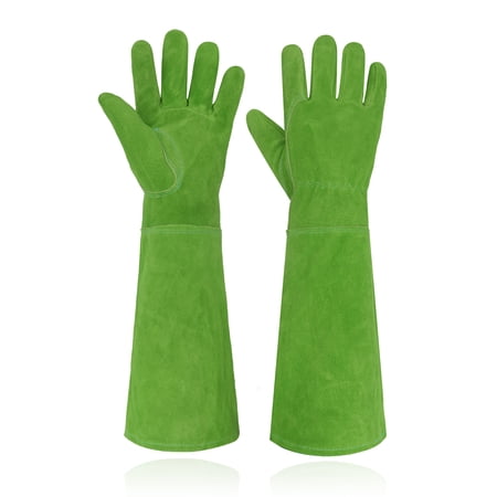 HANDLANDY Women Cowhide Thorn Proof Gardening Gloves, Long Gauntlet Heavy Duty Garden Gloves, Large, Green