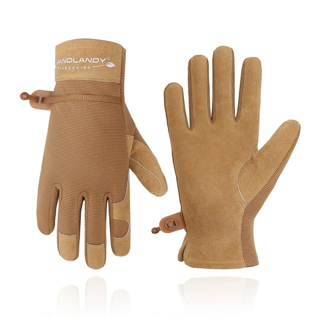 HANDLANDY Womens Leather Work Gloves, Cowhide Gardening Gloves Utility Work Gloves, Large
