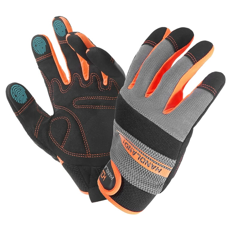 HANDLANDY Work Gloves Mens & Women, Utility Safety Mechanic Work Gloves  Touch Screen, Flexible Breathable Work Gloves (Small, Orange) 