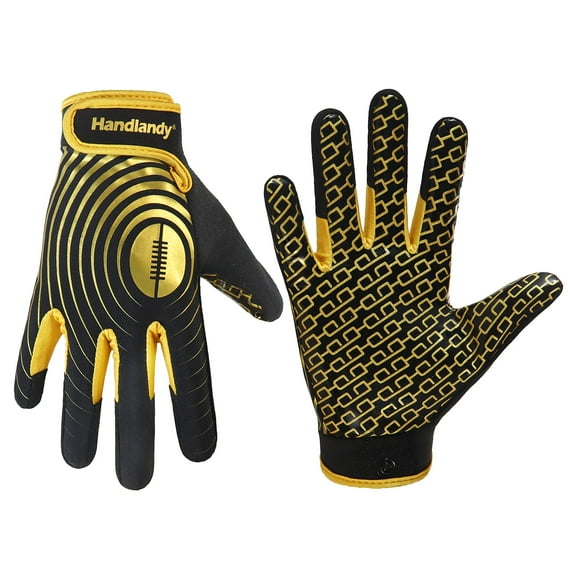 HANDLANDY Youth Football Gloves, Sticky Wide Receiver Gloves for Kids & Adult, Black and Gold Stretch Fit Football Gloves, Medium