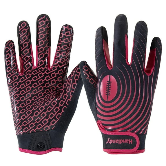 HANDLANDY Youth Football Gloves, Sticky Wide Receiver Gloves for Kids & Adult, Black and Hot Pink Stretch Fit Football Gloves, Medium