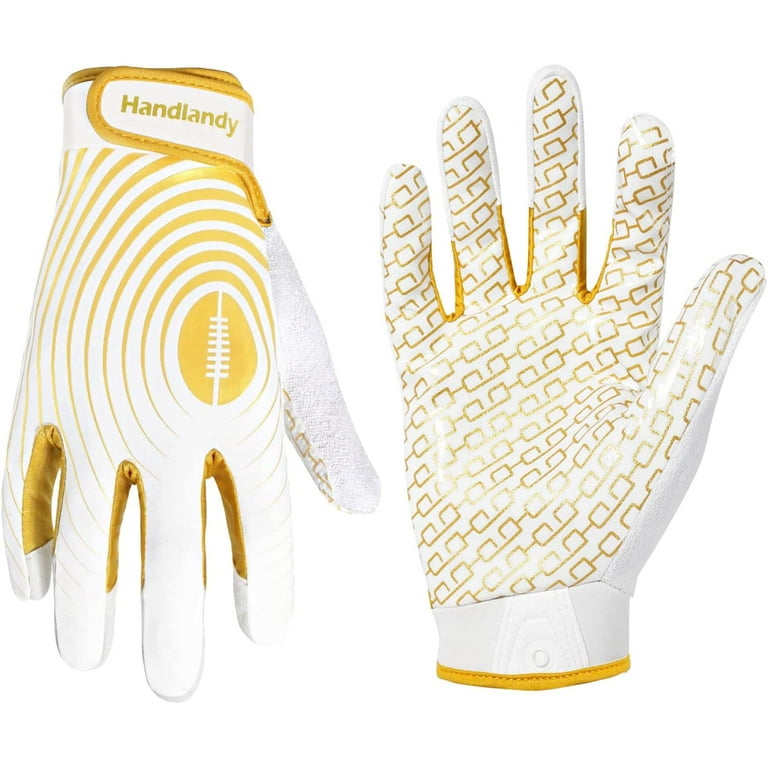 HANDLANDY Youth Football Gloves Sticky Wide Receiver Gloves for Kids Adult White and Gold Stretch Fit Football Gloves Large