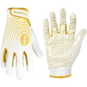 HANDLANDY Youth Football Gloves, Sticky Wide Receiver Gloves for Kids & Adult, White and Gold Stretch Fit Football Gloves, Medium
