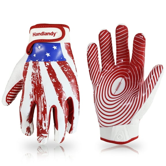 HANDLANDY Youth Football Gloves, Sticky Wide Receiver Gloves for Kids & Adult, White and Red Stretch Fit Football Gloves, Large