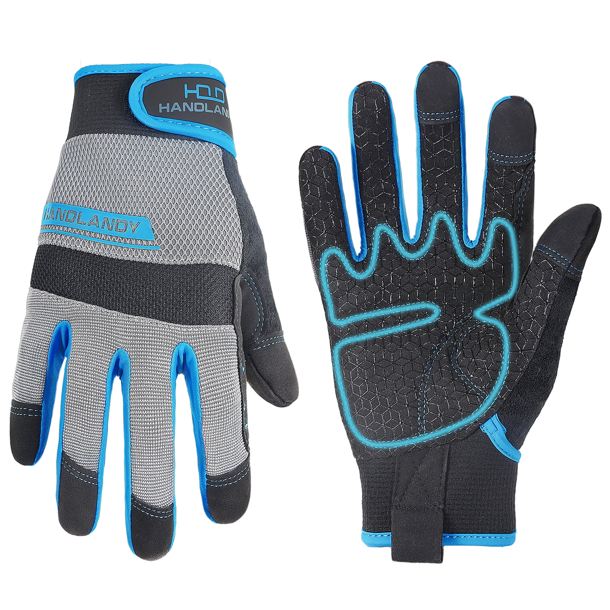 HANDLDNAY Synthetic Leather with Silicone Grip Coating Mechanic Glove,  Breathable Utility Work Gloves, Medium, Blue-Upgrade 