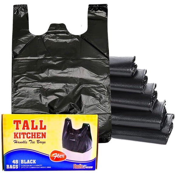HANDLE TIE FLEX BLACK TALL KITCHEN TRASH BAGs, 13 GALLON, 48 CT, 8 PACK, 384 BAGS TOTAL