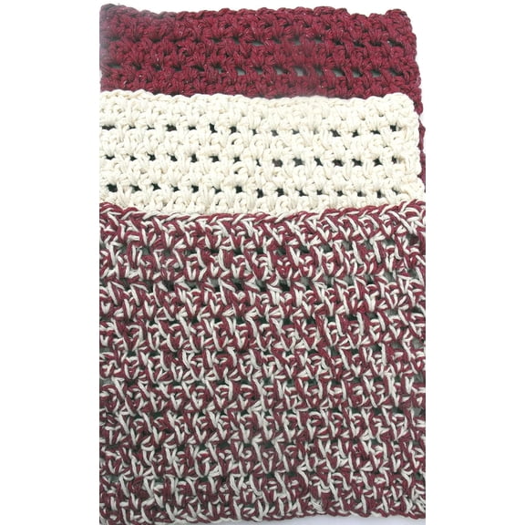 HANDMADE BRICK RED AND ECRU DISH CLOTHS - DOUBLE STRAND - 3 MATCHING