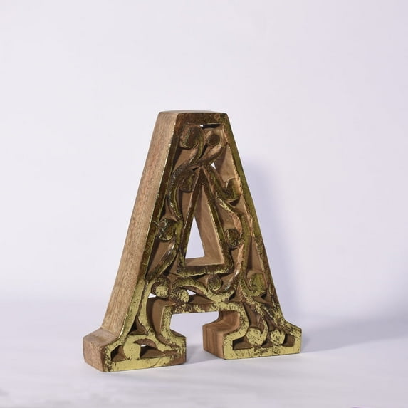HANDMADE ECO-FRIENDLY "A" WOOD ALPHABET LETTER BLOCK FOR WALL MOUNT & TABLE TOP DÉCOR- , Natural-Gold Foil Color, Traditional Design, Letter Block For Study Room, Kids Room, Living Room, Hall, Offices