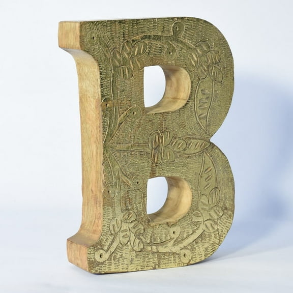 HANDMADE ECO-FRIENDLY "B" WOOD ALPHABET LETTER BLOCK FOR WALL MOUNT & TABLE TOP DÉCOR- , Natural-Gold Foil Color, Traditional Design, Letter Block For Study Room, Kids Room, Living Room, Offices
