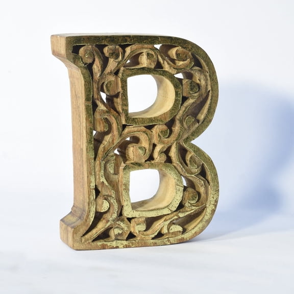 HANDMADE ECO-FRIENDLY "B" WOOD ALPHABET LETTER BLOCK FOR WALL MOUNT & TABLE TOP DÉCOR- , Natural-Gold Foil Color, Traditional Design, Letter Block For Study Room, Kids Room, Living Room, Hall, Offices