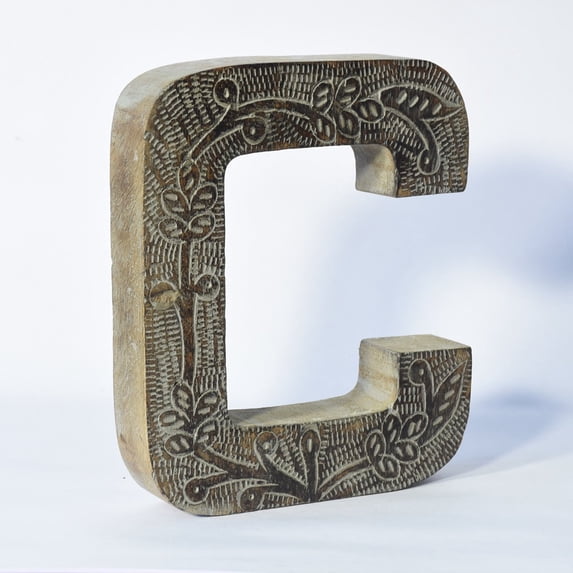 HANDMADE ECO-FRIENDLY "C" WOOD ALPHABET LETTER BLOCK FOR WALL MOUNT & TABLE TOP DÉCOR, Gray Antique Color, Traditional Design, Letter Block For Study Room, Kids Room, Living Room, Hall, Cabin, Offices