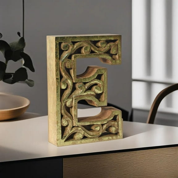 HANDMADE ECO-FRIENDLY "E" WOOD ALPHABET LETTER BLOCK FOR WALL MOUNT & TABLE TOP DÉCOR- , Natural-Gold Foil Color, Traditional Design, Letter Block For Study Room, Kids Room, Living Room, Hall, Offices