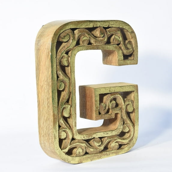 HANDMADE ECO-FRIENDLY "G" WOOD ALPHABET LETTER BLOCK FOR WALL MOUNT & TABLE TOP DÉCOR- , Natural-Gold Foil Color, Traditional Design, Letter Block For Study Room, Kids Room, Living Room, Hall, Offices