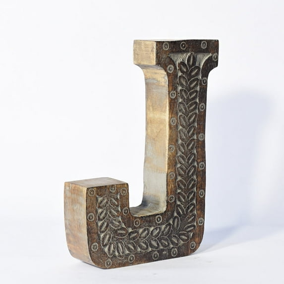 HANDMADE ECO-FRIENDLY "J" WOOD ALPHABET LETTER BLOCK FOR WALL MOUNT & TABLE TOP DÉCOR, Gray Antique Color, Traditional Design, Letter Block For Study Room, Kids Room, Living Room, Cabin, Offices