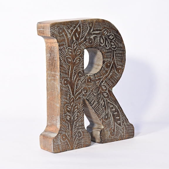 HANDMADE ECO-FRIENDLY "R" WOOD ALPHABET LETTER BLOCK FOR WALL MOUNT & TABLE TOP DÉCOR, Gray Antique Color, Traditional Design, Letter Block For Study Room, Kids Room, Living Room, Hall, Cabin, Offices