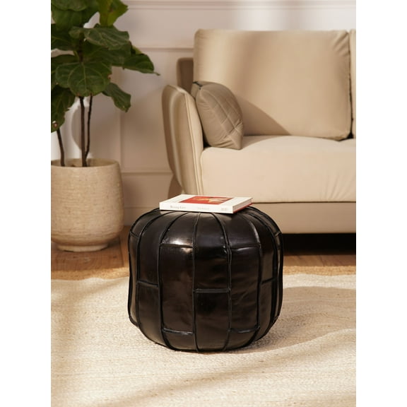 HANDMADE ECO-FRIENDLY ROUND SHAPED STUFFED BUFFALO LEATHER BLACK POUF - 14" x 14" x 14", Round Shape, Black Color, Seating Pouf For Living Room, Study Room, Patio & Office