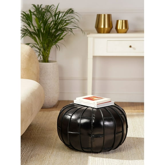 HANDMADE ECO-FRIENDLY ROUND SHAPED STUFFED BUFFALO LEATHER BLACK POUF - 21" x 21" x 12", Round Shape, Black Color, Seating Pouf For Living Room, Study Room, Patio & Office