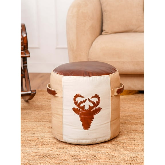 HANDMADE ECO-FRIENDLY ROUND SHAPED STUFFED CANVAS LEATHER BEIGE GRAY POUF - 16" x 16" x 16", Beige Gray Color, Recycled Cotton Stuffed, Seating Pouf For Living Room, Study Room, Patio & Office