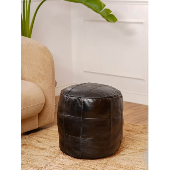 HANDMADE ECO-FRIENDLY ROUND SHAPED STUFFED LEATHER BLACK POUF - 18" x 18" x 18", Round Shape, Black Color, , Seating Pouf For Living Room, Study Room, Patio & Office