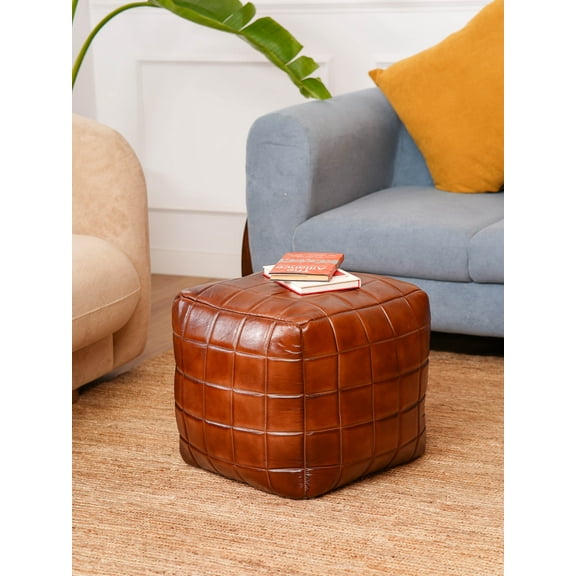 HANDMADE ECO-FRIENDLY SQUARE SHAPED STUFFED GOAT LEATHER BLACK POUF - 21" x 21" x 12", Square Shape, Black Color, Recycled Cotton Stuffed, Seating Pouf For Living Room, Study Room, Patio & Office