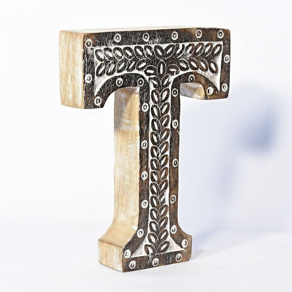 HANDMADE ECO-FRIENDLY "T" WOOD ALPHABET LETTER BLOCK FOR WALL MOUNT & TABLE TOP DÉCOR- , Natural Antique Color, Traditional Design, Letter Block For Study Room, Kids Room, Living Room, Cabin, Offices