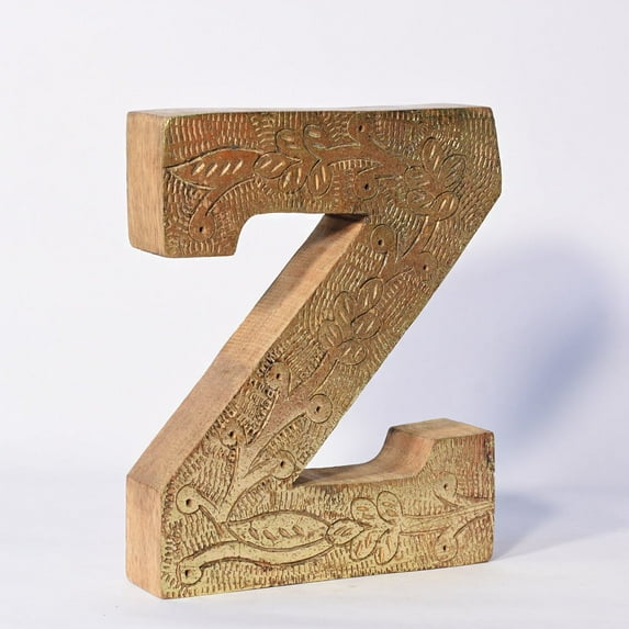 HANDMADE ECO-FRIENDLY "Z" WOOD ALPHABET LETTER BLOCK FOR WALL MOUNT & TABLE TOP DÉCOR- , Natural-Gold Foil Color, Traditional Design, Letter Block For Study Room, Kids Room, Living Room, Hall, Offices