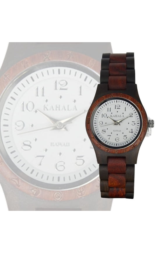 HANDMADE WOODEN LADIES WATCH MADE WITH RED AND BLACK SANDALWOOD WHITE FACE - KAHALA #4RBSW