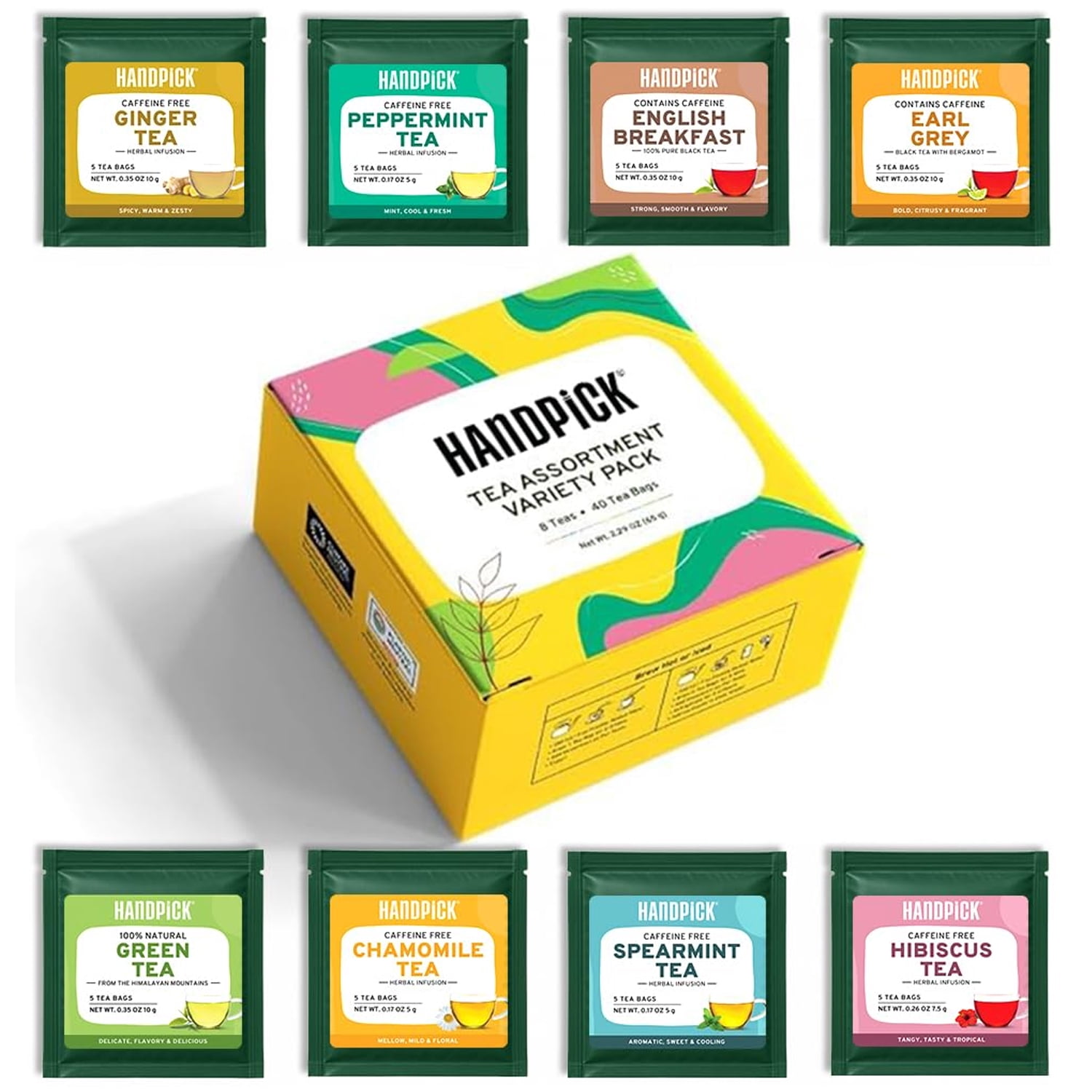 HANDPICK,Tea Bags Sampler Assortment Variety pack Gift Box 8 Flavors,40 Tea Bags-Perfect Variety|English Breakfast,Green,Black,Herbal & MoreGifts for Him/Her|Sampler,Assortment,Variety pack,Gift Box