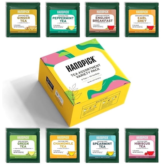 HANDPICK Tea Bags Sampler Assortment Variety pack Gift Box 8 Flavors, 40 Tea Bags - Perfect Variety | English Breakfast, Green, Black, Herbal & More | Gifts for Him/Her