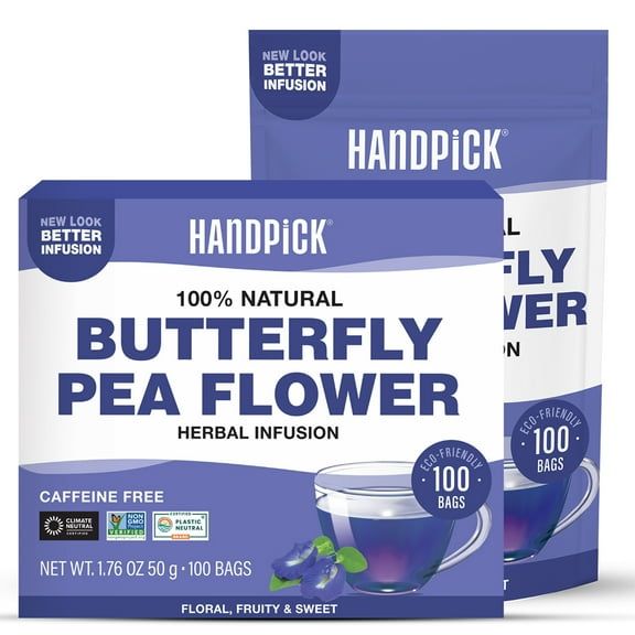 HANDPICK, Butterfly Pea Flower Tea (100 Count) | Premium Dried Butterfly Pea Flowers | Natural Blue, Enjoy Hot & Iced | Caffeine Free, Non-GMO, Gluten Free