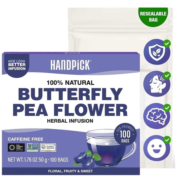 HANDPICK Butterfly Pea Flower Tea (100 Herbal Tea Bags) | Caffeine Free, Non GMO | Premium Dried Butterfly Pea Flowers For Blue & Purple Drinks, Food Coloring | Iced Teas, Coolers, Cocktails