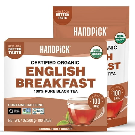 HANDPICK, Organic English Breakfast Black Tea Bags (100 Count) USDA Organic, Non-GMO | Strong, Robust, High-Caffeine Black Tea | Eco-conscious Tea Bags, Brew English Breakfast Tea & Kombucha Tea