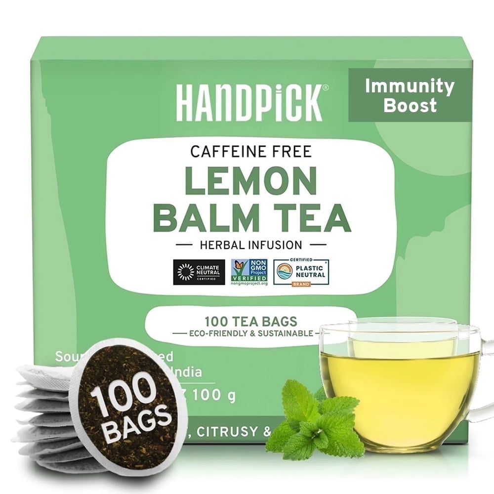 HANDPICK, Lemon Balm Herbal Tea Bags (100 Count) | Refreshing Citrus Flavor & Aroma, Pure Lemon Balm Leaves | Caffeine Free, Non-GMO, Gluten Free
