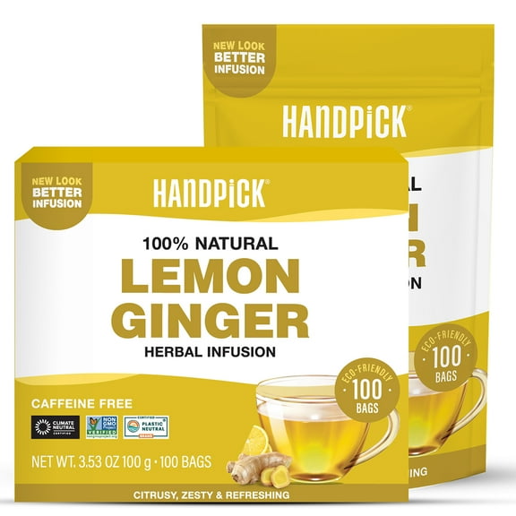 Handpick Lemon Ginger Herbal Tea Bags, 100 Count, Caffeine-Free