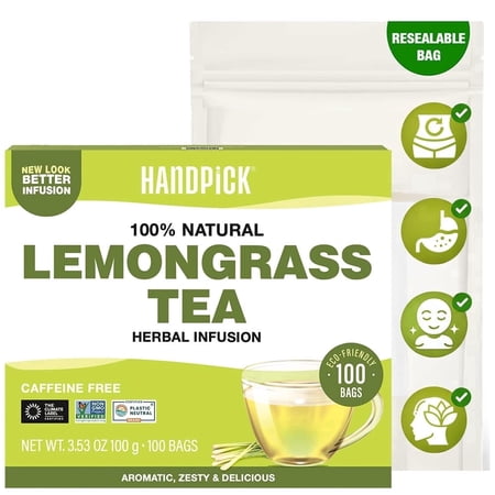 HANDPICK Lemongrass Tea Bags (100 Count) Non-GMO, Caffeine Free - Quality Lemongrass Herbal Tea- Eco-conscious Round Tea Bags | Brew Hot or Iced Tea